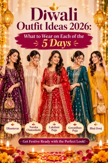 Five festive diwali outfit ideas look in jewel tones for Dhanteras, Naraka Chaturdashi, Lakshmi Puja, Govardhan Puja and Bhai Dooj, with glowing diyas and gold lanterns.