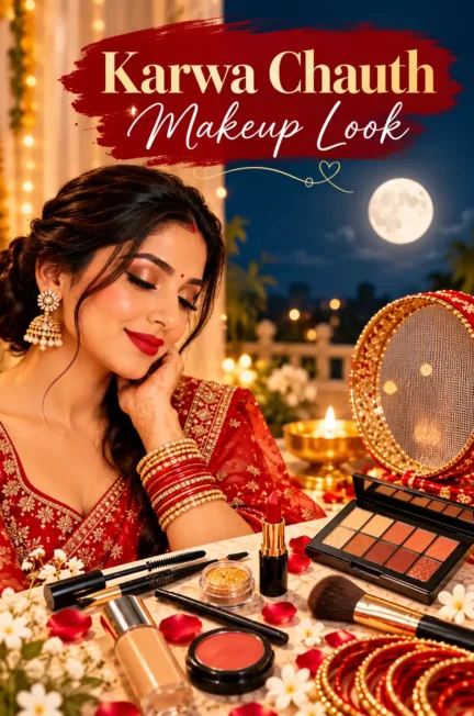 Elegant Indian woman in red and gold attire with bold red lipstick and gold eye makeup beside Karwa Chauth makeup products, a decorated sieve, diya and full moon