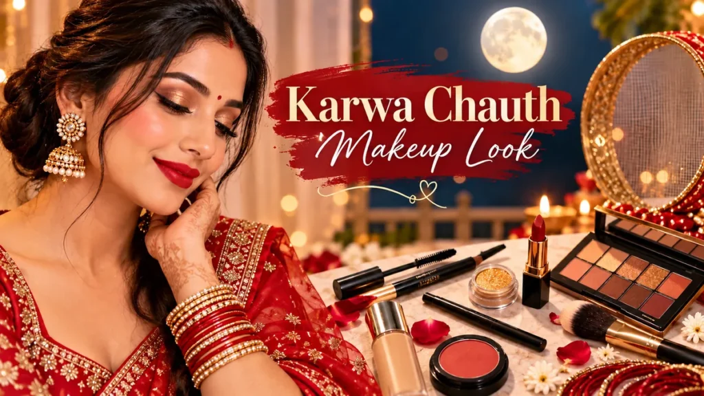 Woman in red saree with bronze eyes and red lips beside makeup products, Karwa Chauth makeup look